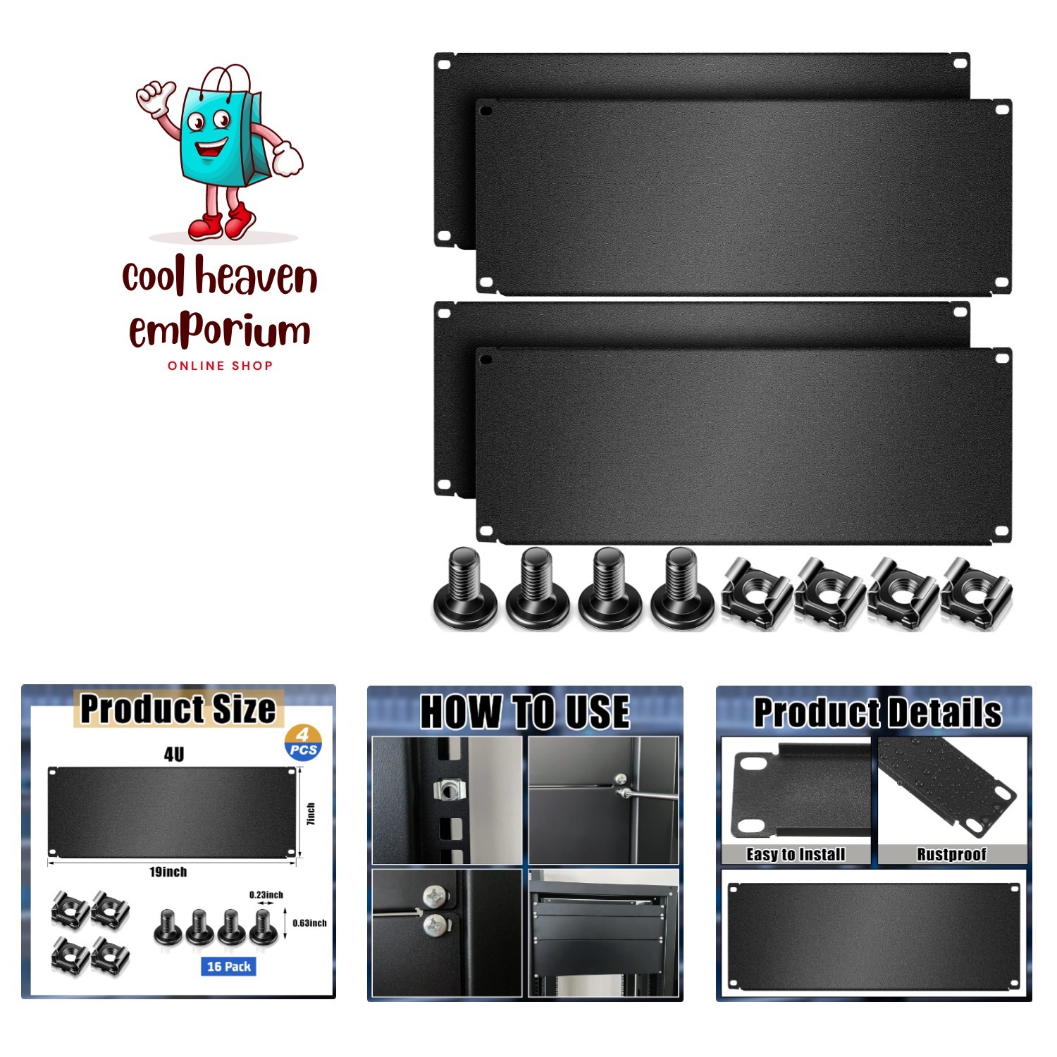 Metal 4U Rack Mount Panels - 4-Pack for Enhanced Server Aesthetics & Protection