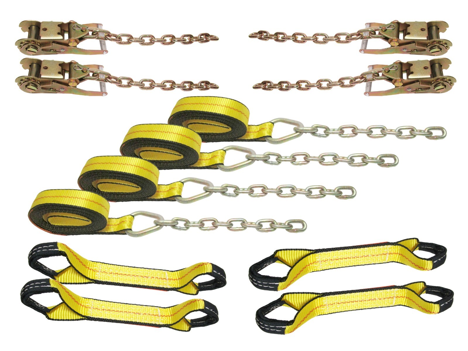 4PC 8 Point Tie Down Kit w/ Ratchets Chain Ends Car Hauler Tow Truck