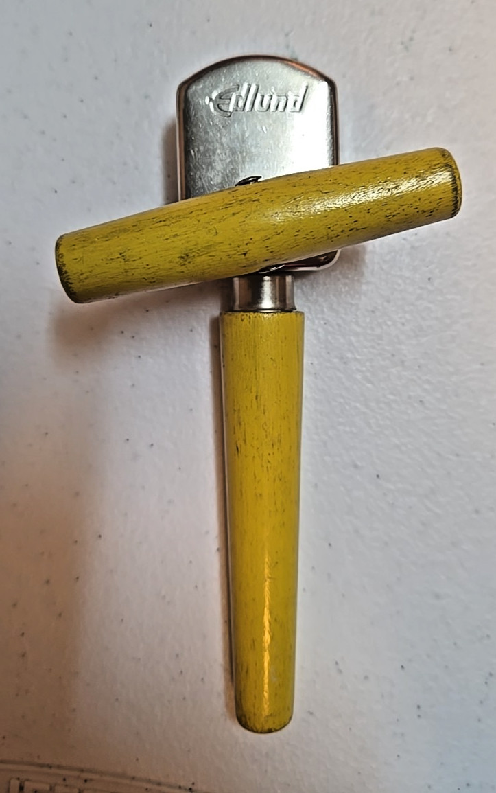 Vintage Edlund No. 5 Junior Can Opener; Yellow Wooden Handles