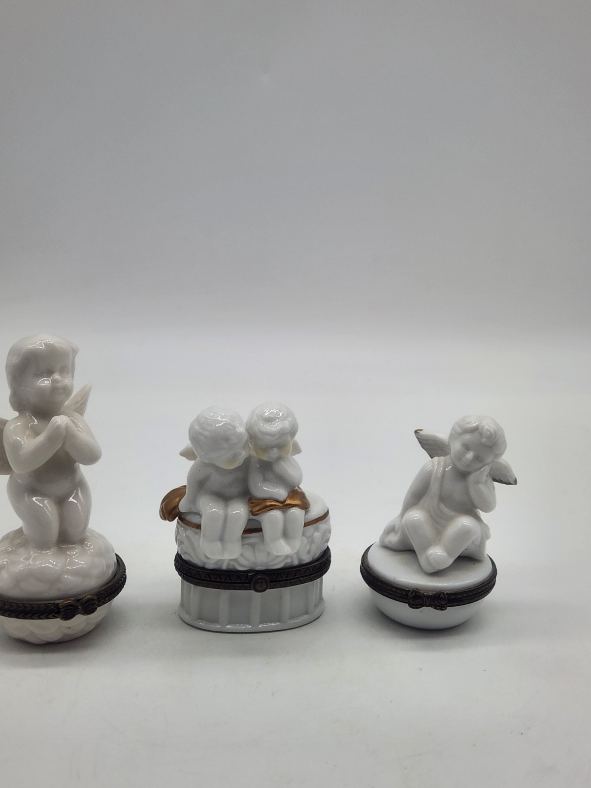 Set of 3 Porcelain White & Gold Angels Hinged Trinket Keepsake Boxes