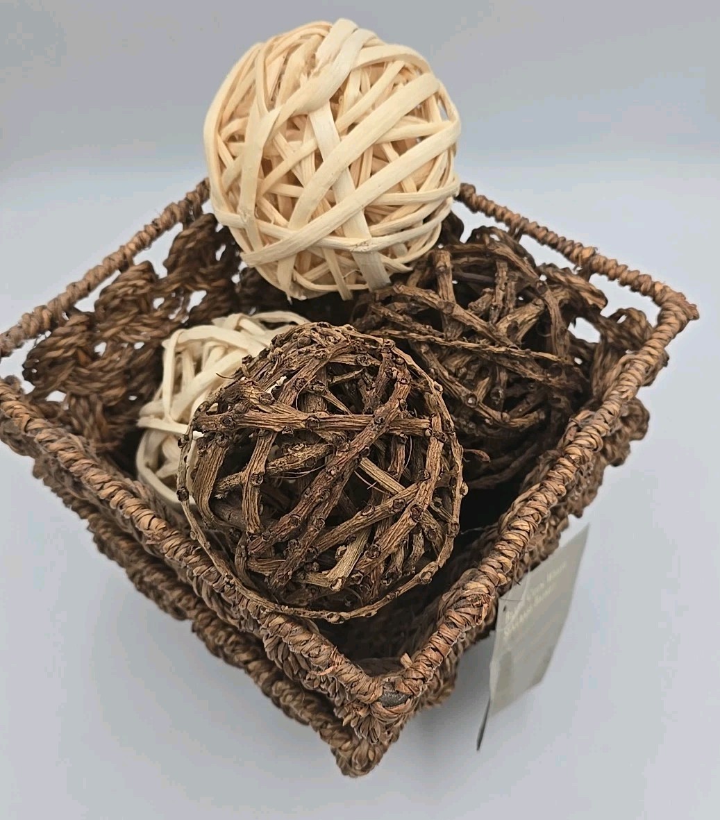 2 Square Brown Braided Wicker Baskets with 4 Natural Decorative Balls Fall Decor