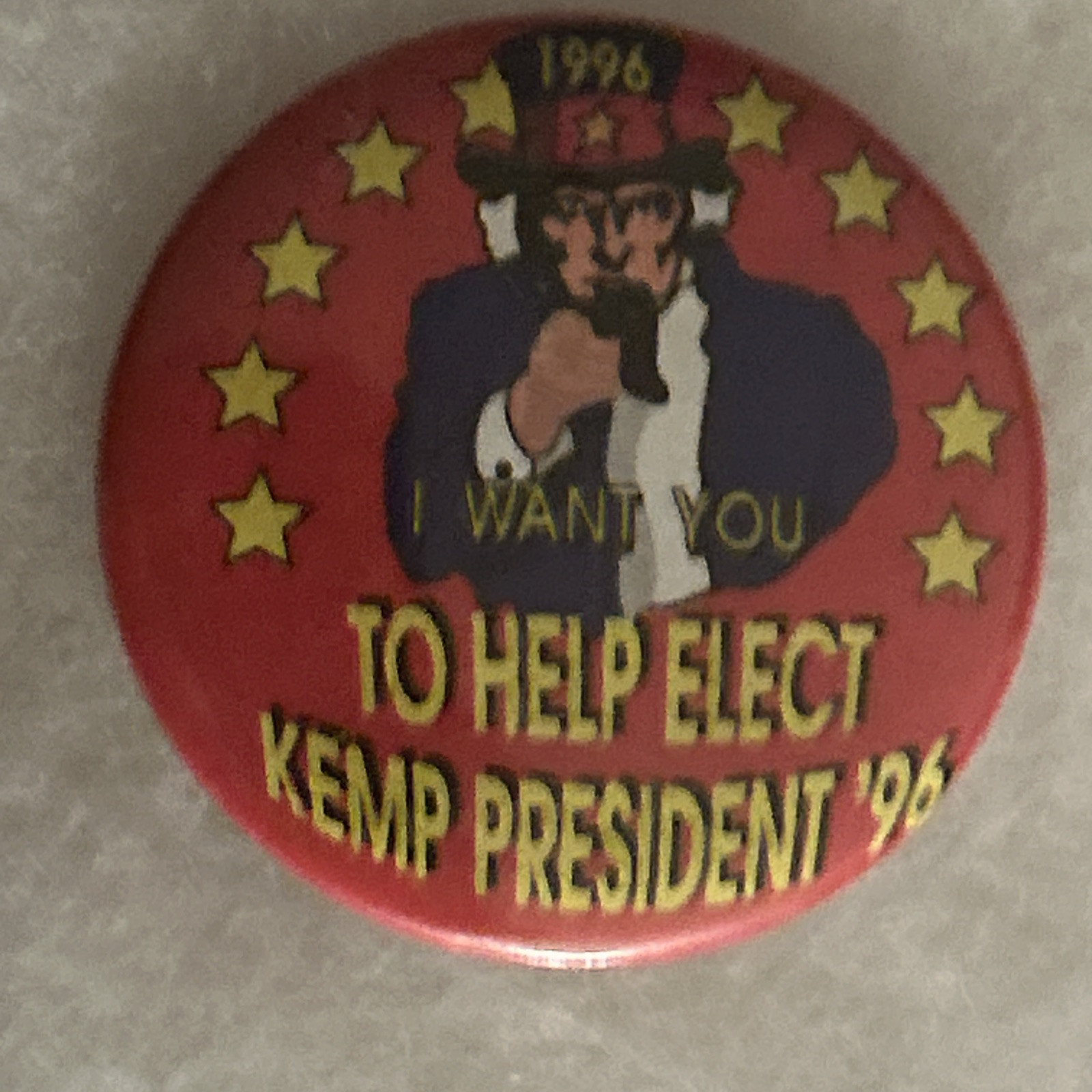 1996 Uncle Sam I Want You To Help Elect Kemp President 1 3/4” pinback button pin