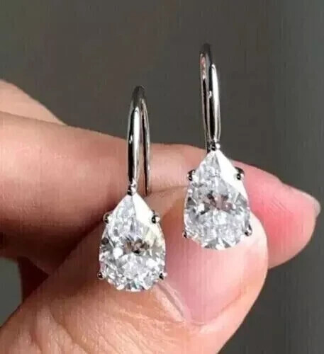 3Ct Pear Cut Lab-Created Diamond Drop/Dangle Earrings 14K White Gold Plated