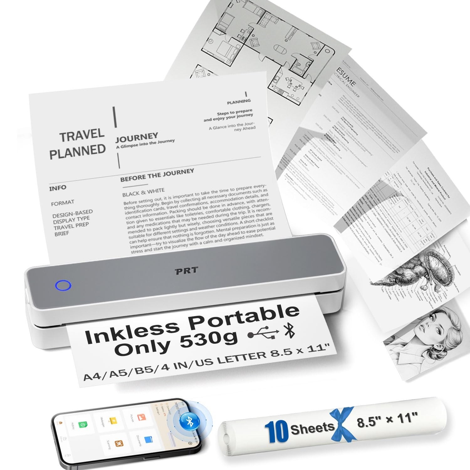 PRT Inkless Portable Printer for Travel, Wireless Thermal Printer Support 8.5...