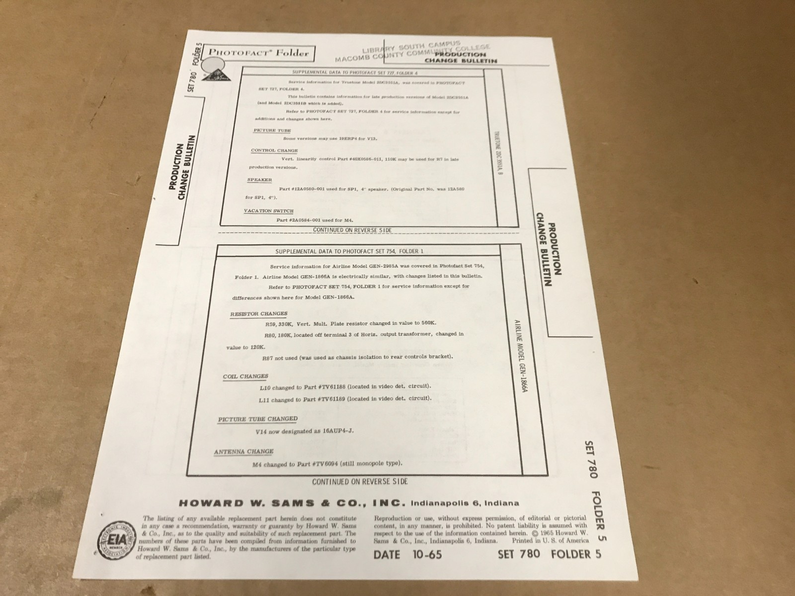Vintage Photofact Folder - 780-5 - Production Change Bulletin