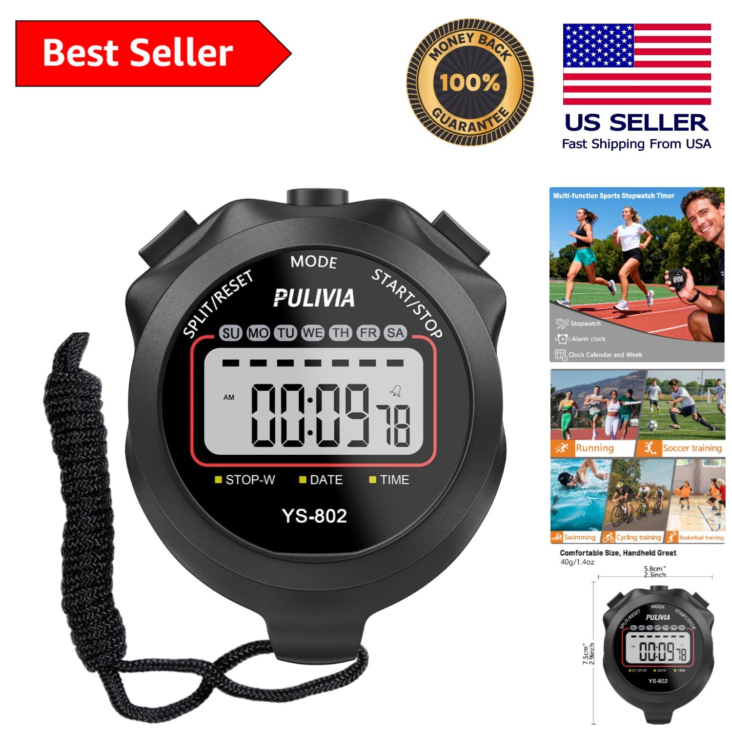 Large Display Digital Stopwatch with 1/100th Second Accuracy for Sports Training