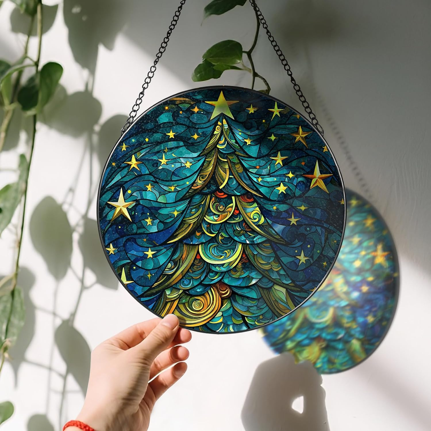 8-Inch Christmas Tree Suncatcher Ornament, Stained Glass Window Hanging & Staine
