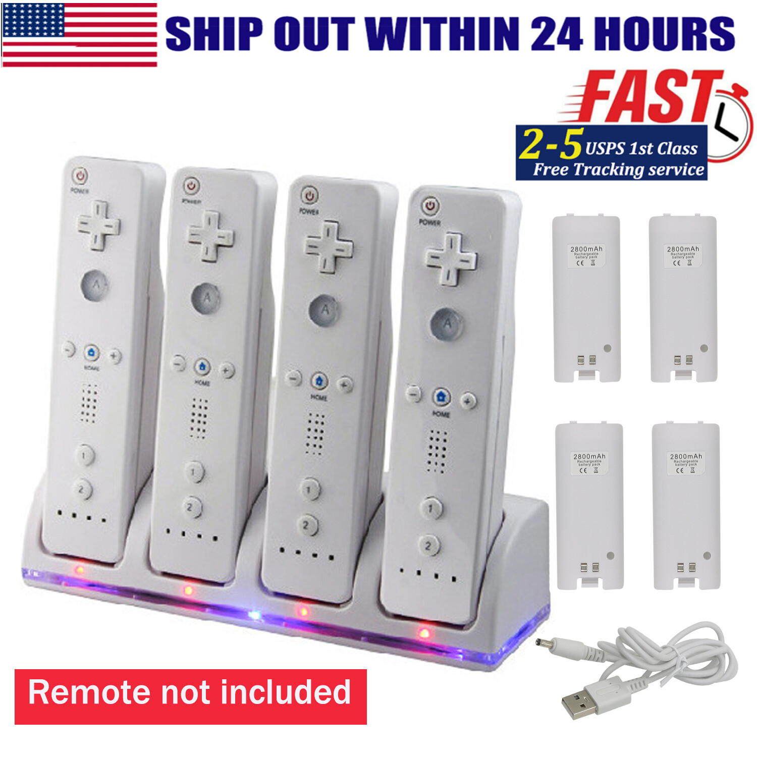 2/4 Rechargeable Batteries Pack+ Charger Dock For Nintendo Wii Remote Controller