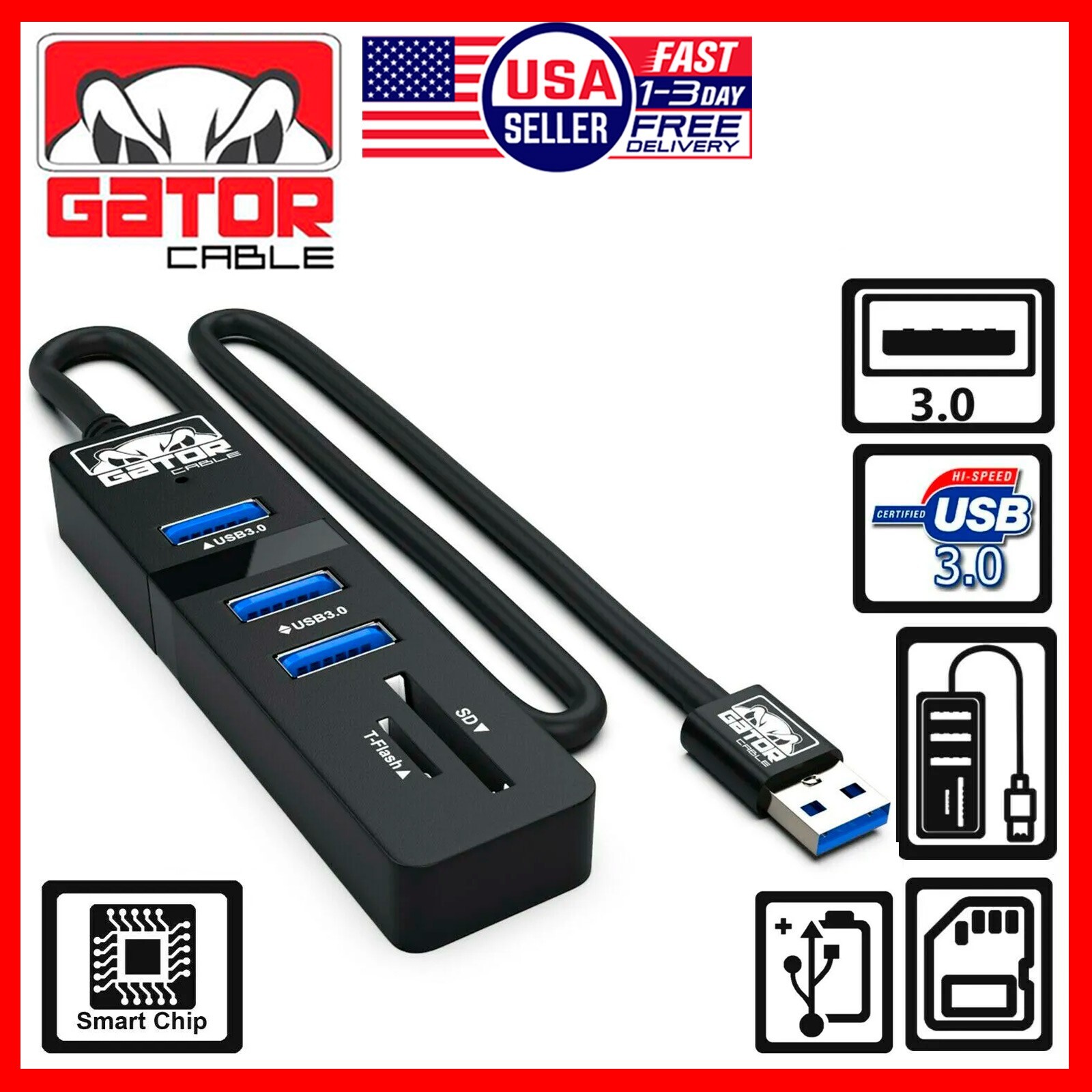 USB 3.0 HUB 3 Port Charger Data Sync SD TF Card Reader for PC Mac Laptop Desktop
