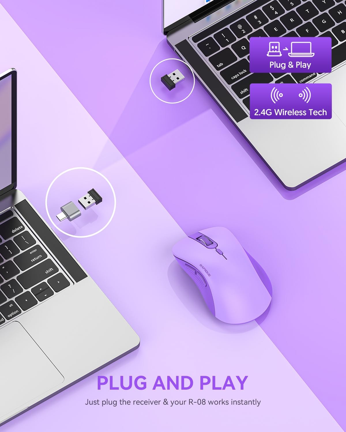 Wireless Mouse - Silent Computer Mice with USB Receiver & Type-C Adapter, Low