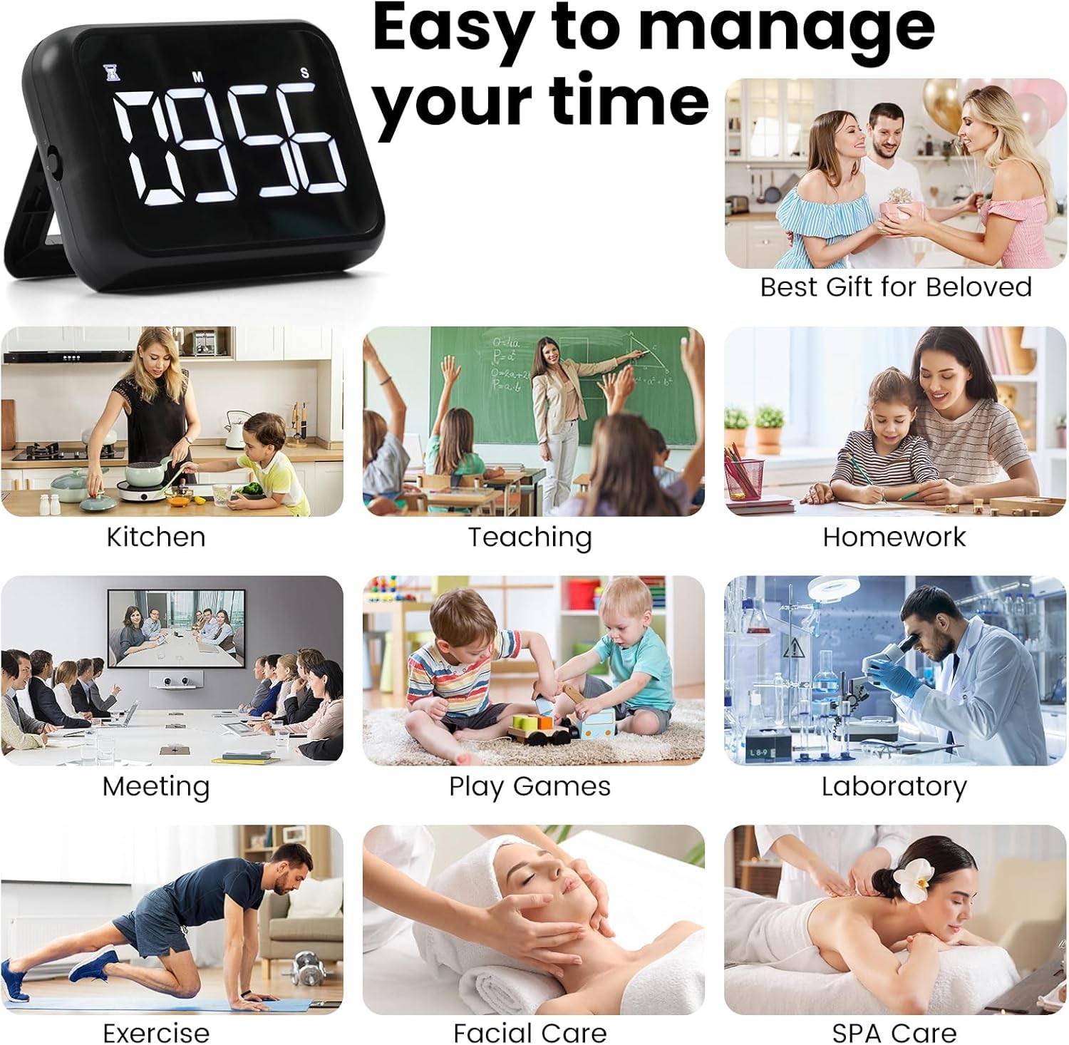 USB Rechargeable Loud Digital Kitchen Timer with Large LCD Display & Loud Alarm