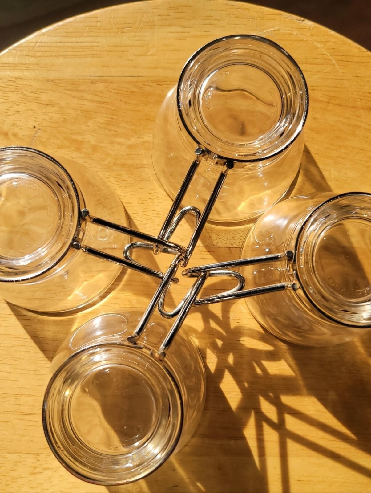 Italian Bormioli Rocco Italy Espresso Cups With Polished Metal Handles.