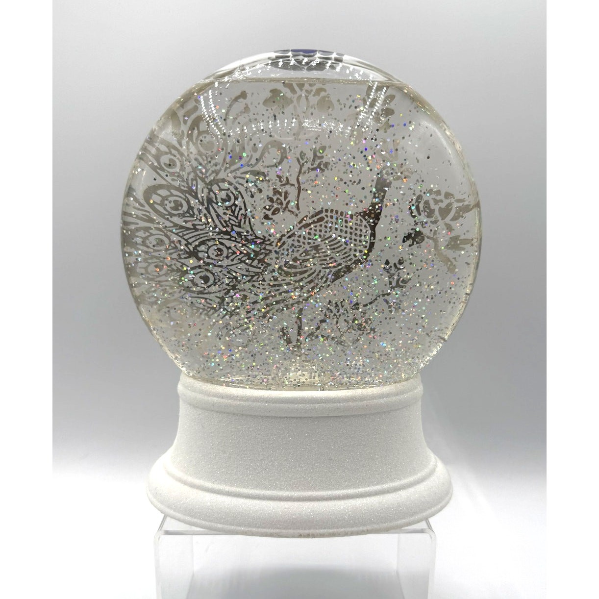 Cracker Barrel Acrylic Peacock Feather Glitter Motion & Lights Globe-No Box