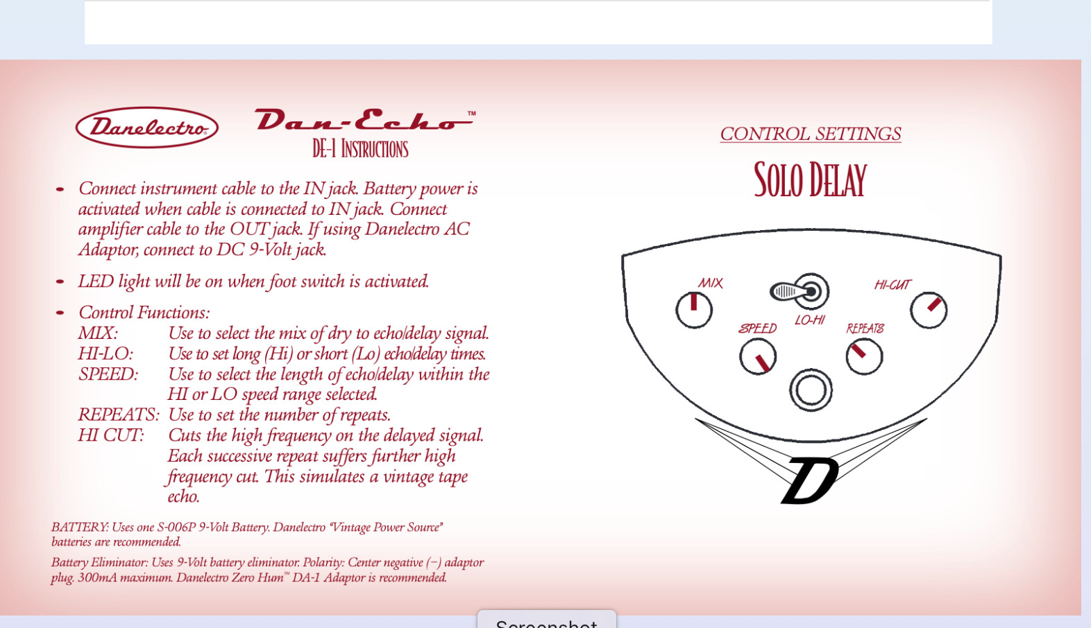 Danlectro Dan-Echo Delay Pedal First Mode including adapter