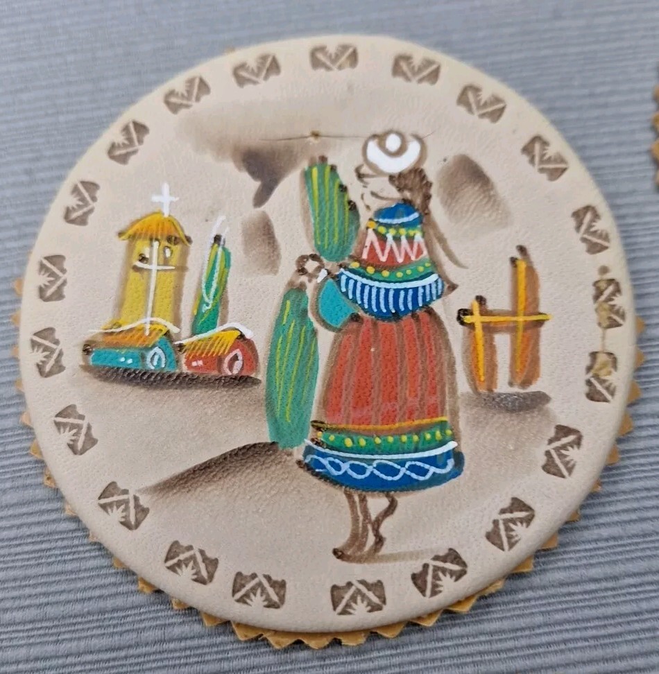 Vintage Hand Painted Leather Coasters Set 6 With Holder Peru Folk Art