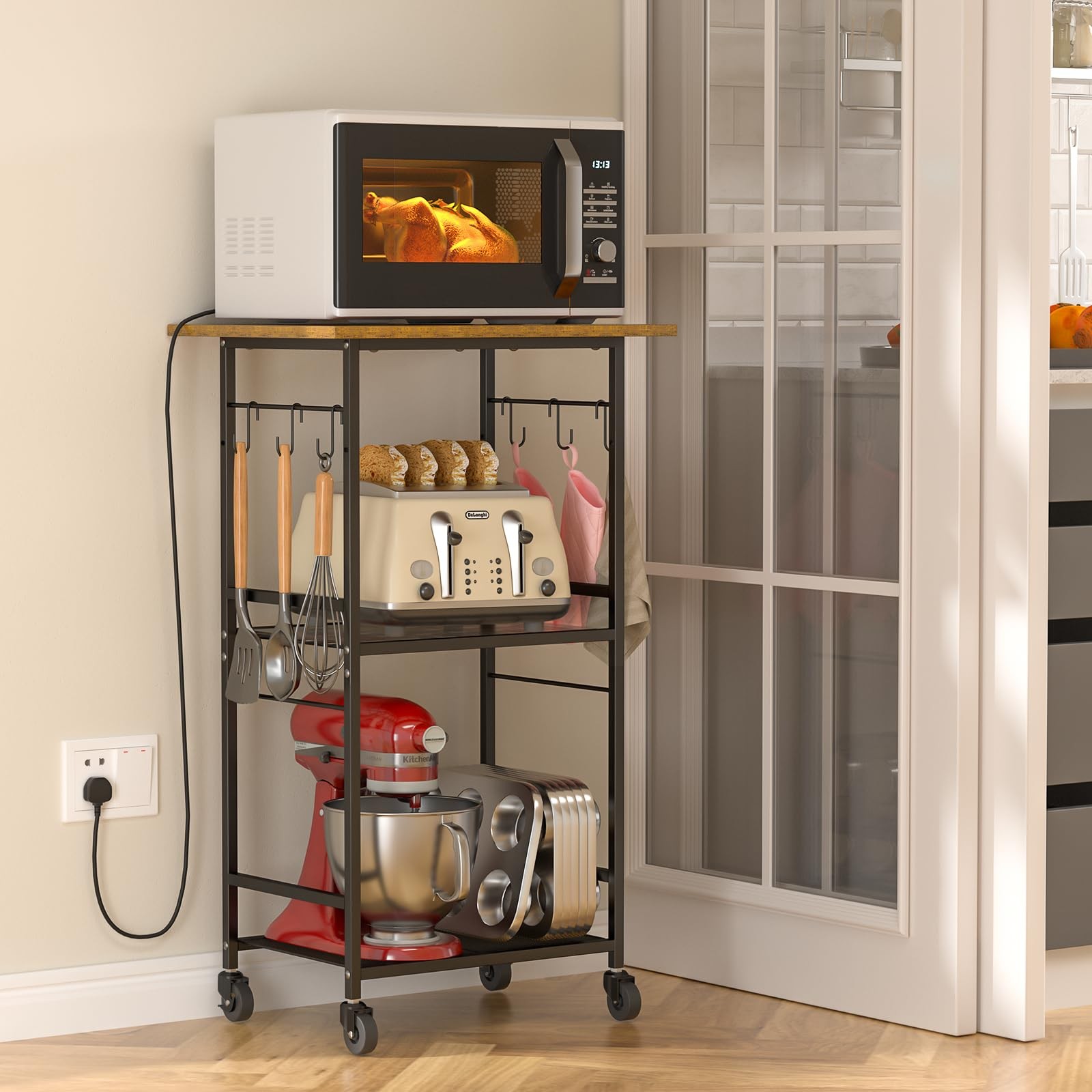 Rolling Kitchen Microwave Cart, 3 Tier Microwave Table Stand with Adjustable ...