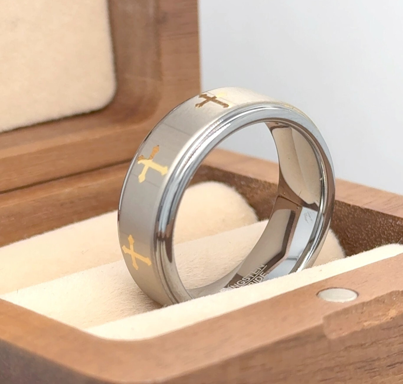 Men's Silver With Gold Crosses Wedding Band Tungsten Engagement Ring Groom Ring
