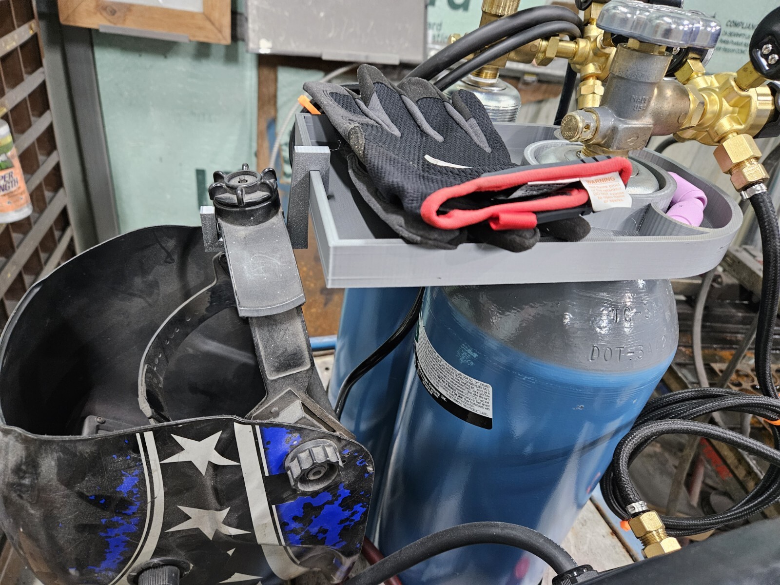 Welding Tank Caddy W/ 4 Hooks. Storage Compartment And Platform For Gloves.