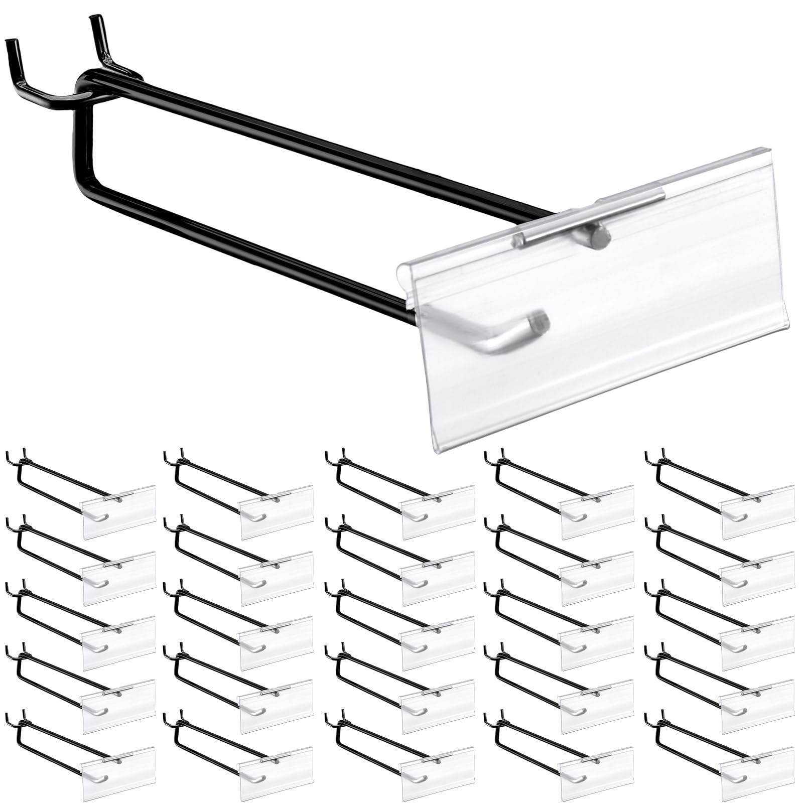 50 Pack 6 Inch Black Metal Peg Board Hooks with Clear Plastic Label Holder St...