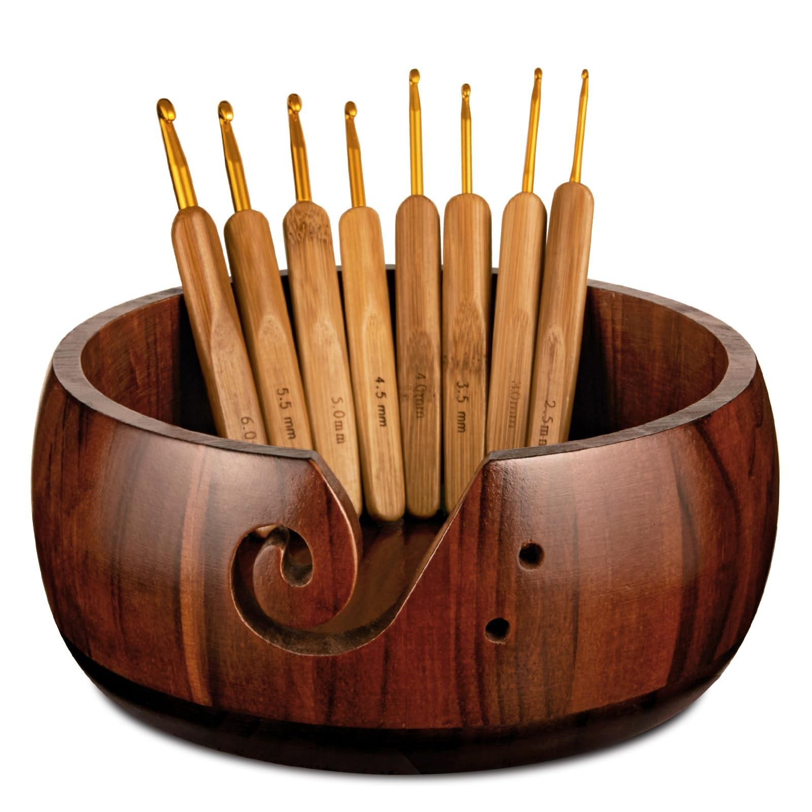 Wooden Yarn Bowl Holder, Craft Knitting Bowl with 8pcs Metal Crochet Hooks, 7...