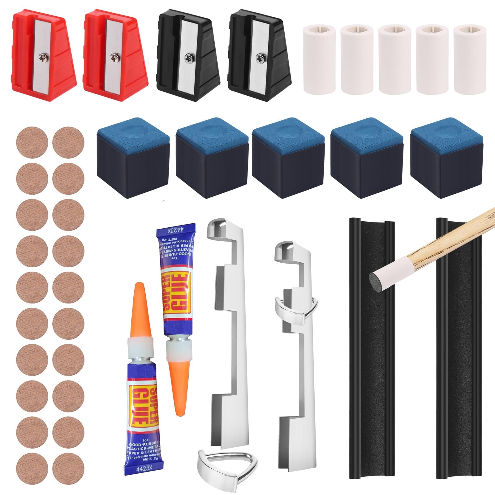 40pcs Pool Cue Repair Kit: 20 Billiard Cue Tips 4 Shaper 5 Chalk Cubes 5 Pool...