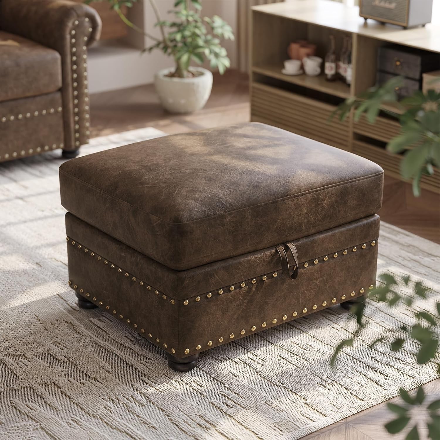 Faux Leather Ottoman with Storage, Rectangle Ottoman Coffee Table with Nailhead