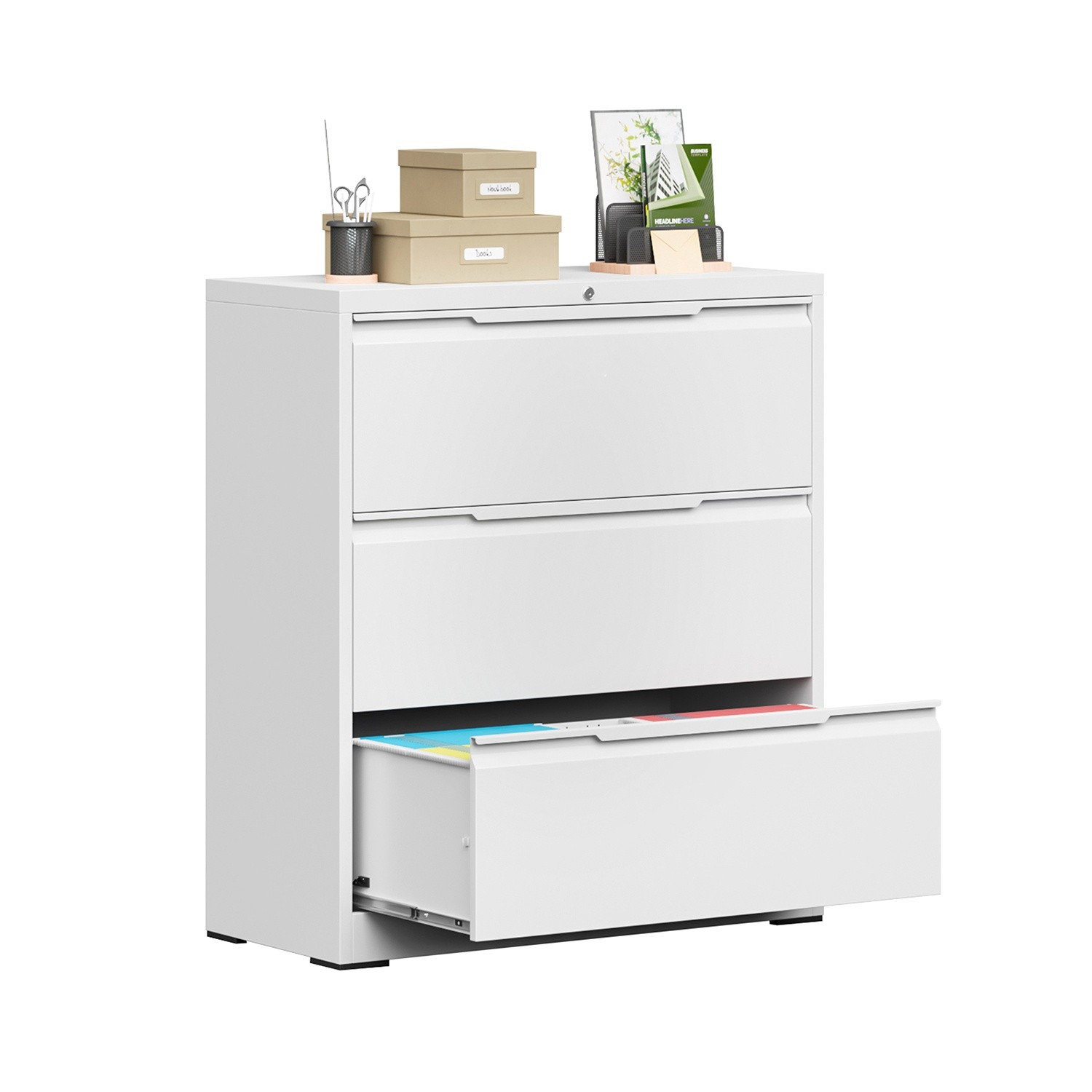 3 Drawers Metal File Cabinet for A4 Hanging Lateral Legal Filing Storage w/ Lock