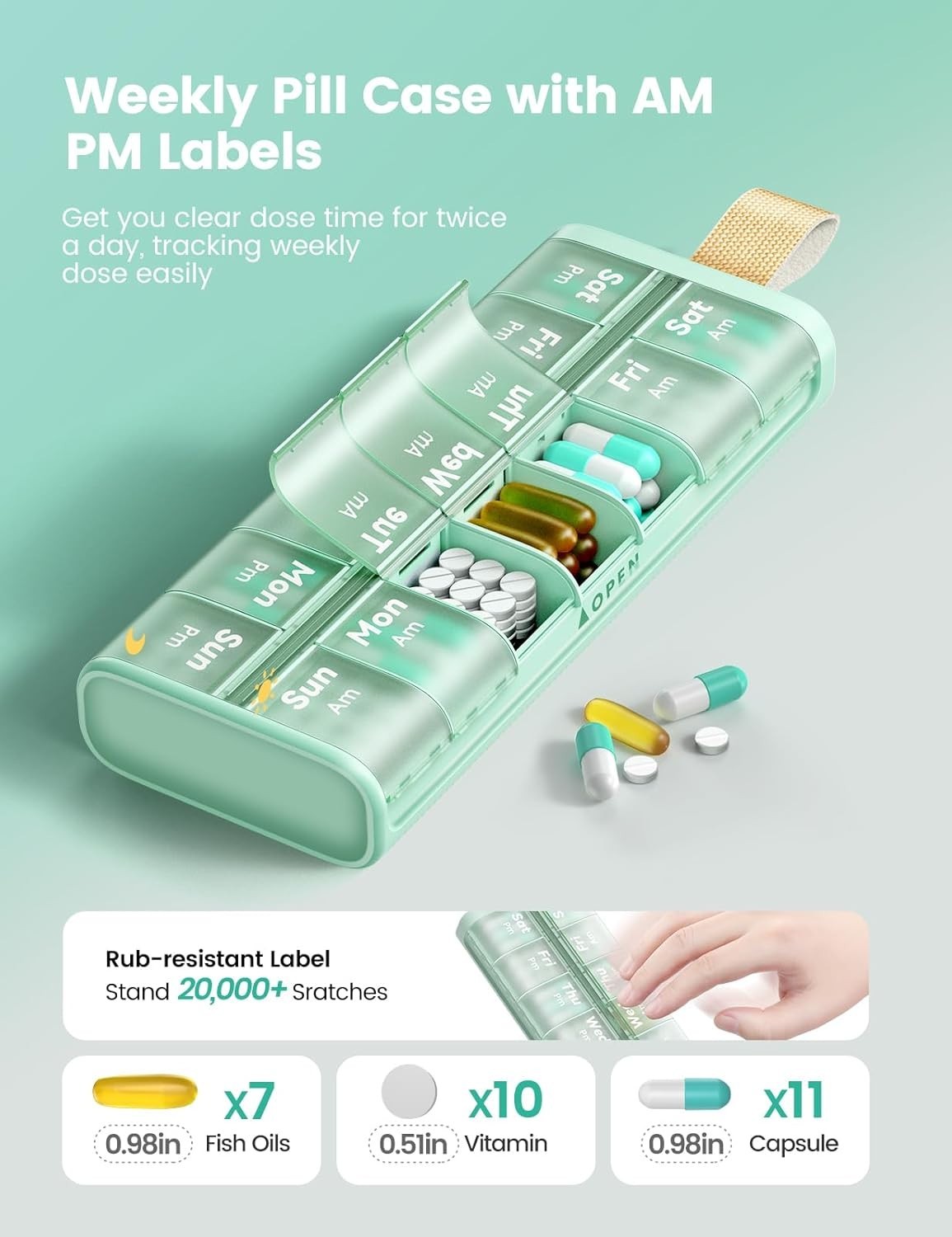 Weekly AM PM Pill Organizer 7 Day 2x Daily Large Box w/ Handle Moisture-Proof
