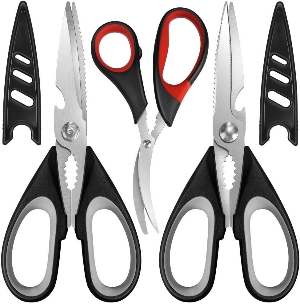 All Purpose Kitchen Shears with Protective Sheath, Heavy Duty 3 Pack Kitchen