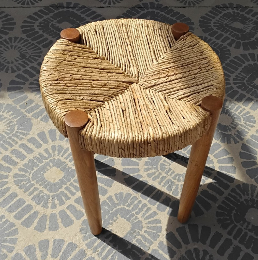 Vintage Mid Century Charlotte Perriand 4 Legged Teak Wood & Woven Rush 18" Stool