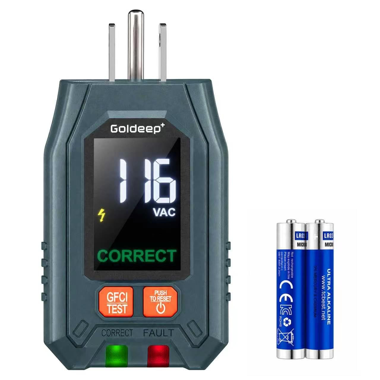 GFCI Outlet Tester for Socket Test Plug Checker for Grounding-Green | with LCD D