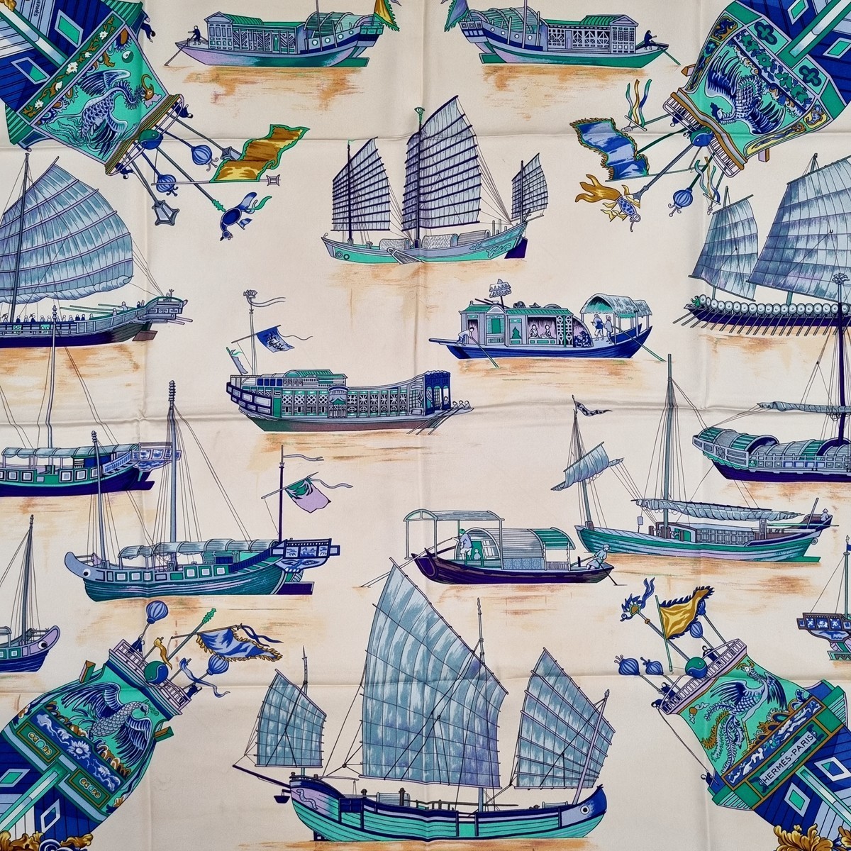 RARE VINTAGE HERMES Silk Scarf "Junques et Sampans" Carre 90