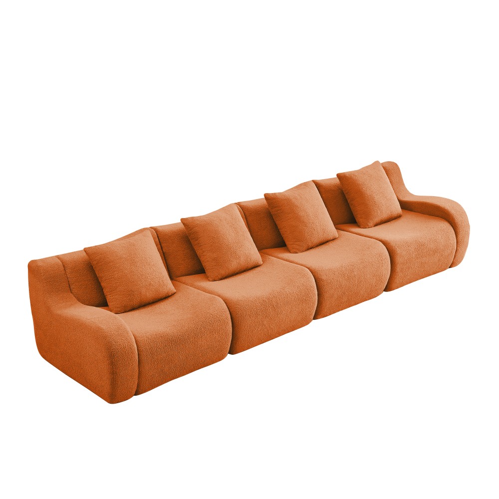 4-Seat Teddy Fabric Sofa, No Assembly Required w/ Curved Armrests, Orange