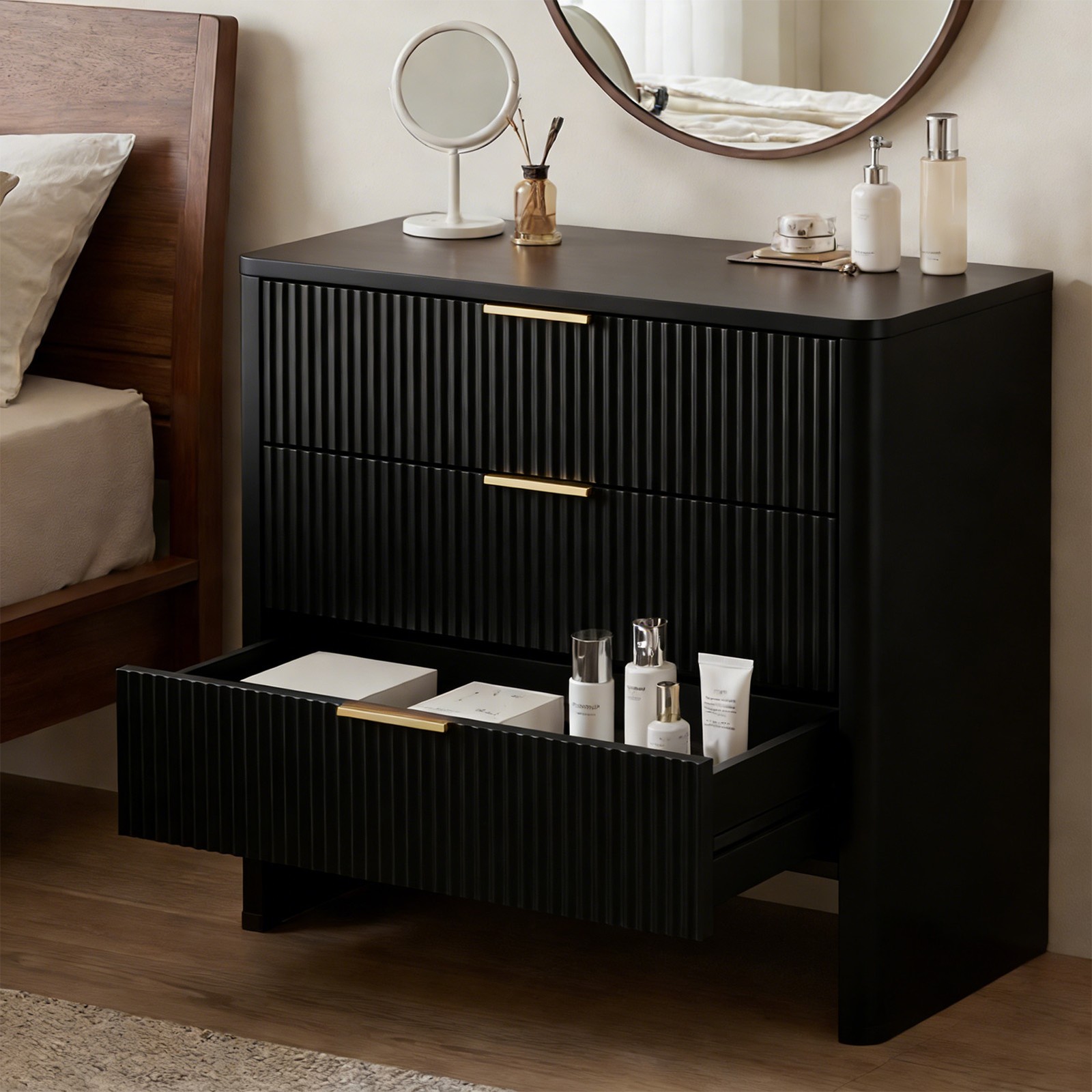 30in Wooden Cabinet with 3 Drawers Wavy Pattern Modern Bedside Cupboard Dressing