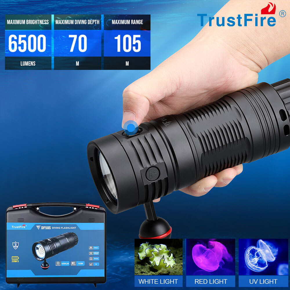 Trustfire 6500LM W/R/UV TypeC Rechargeable led Diving Light Scuba Flashlight