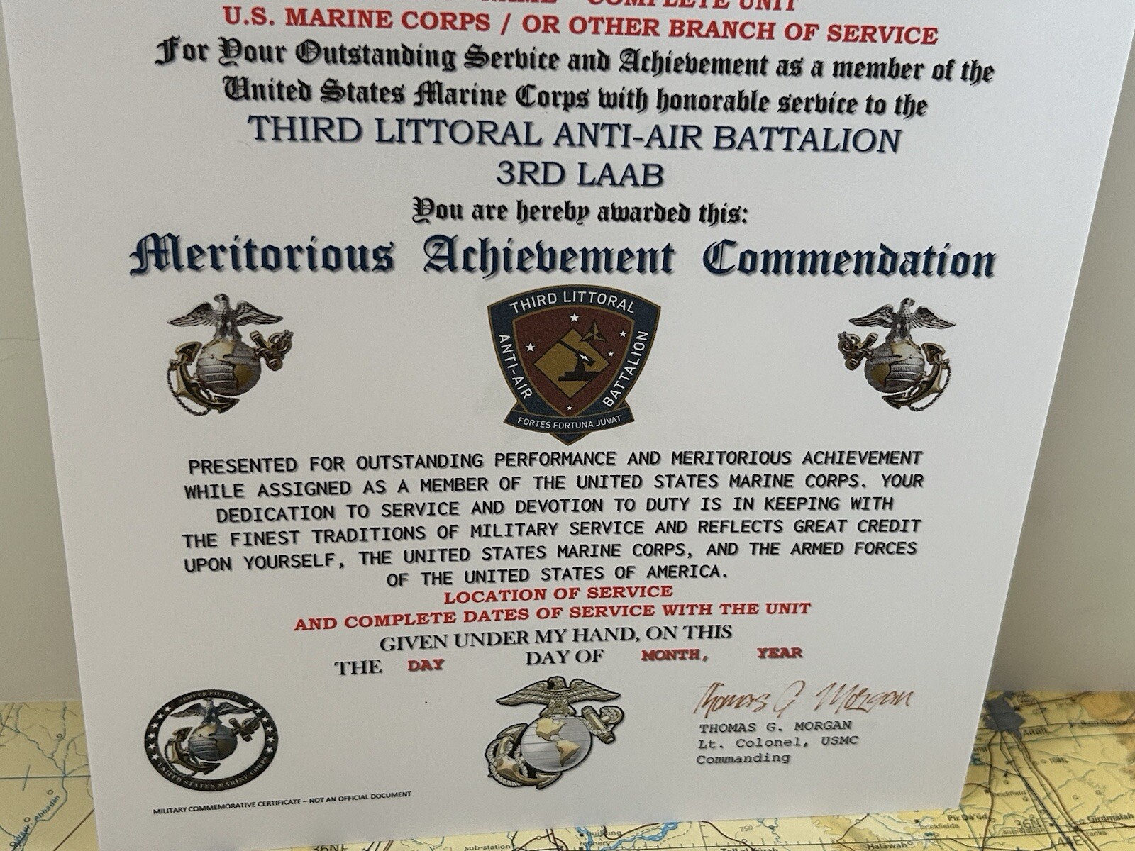 U.S.M.C. / 3RD LITTORAL A.A. BATTALION / MERITORIOUS ACHIEVEMENT COMMENDATION