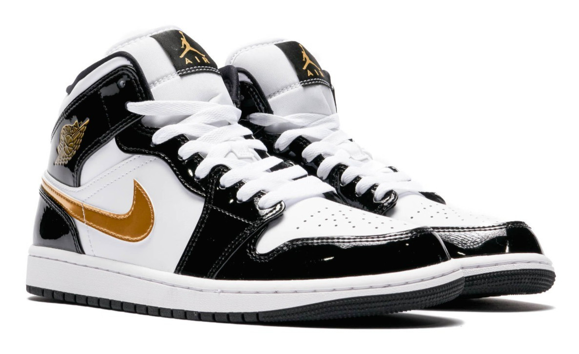 Nike Air Jordan 1 Mid Patent Black White Gold 852542-007 Men's Size New