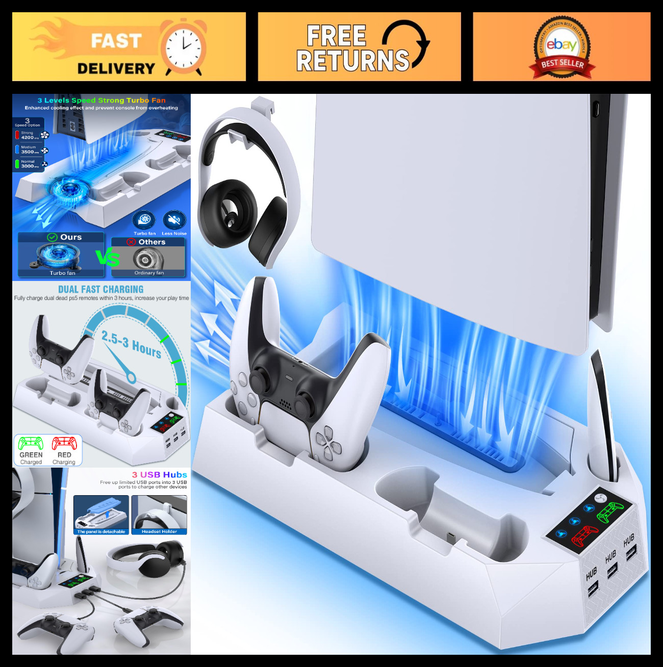 PS5 Stand & Cooling Station with Dual Controller Charger, USB Hub, Headset Holde