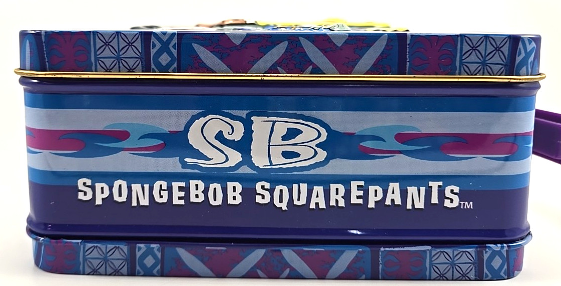 SpongeBob Squarepants Embossed Lunch Box Tin 2003 Purple Handle Tin Box Company
