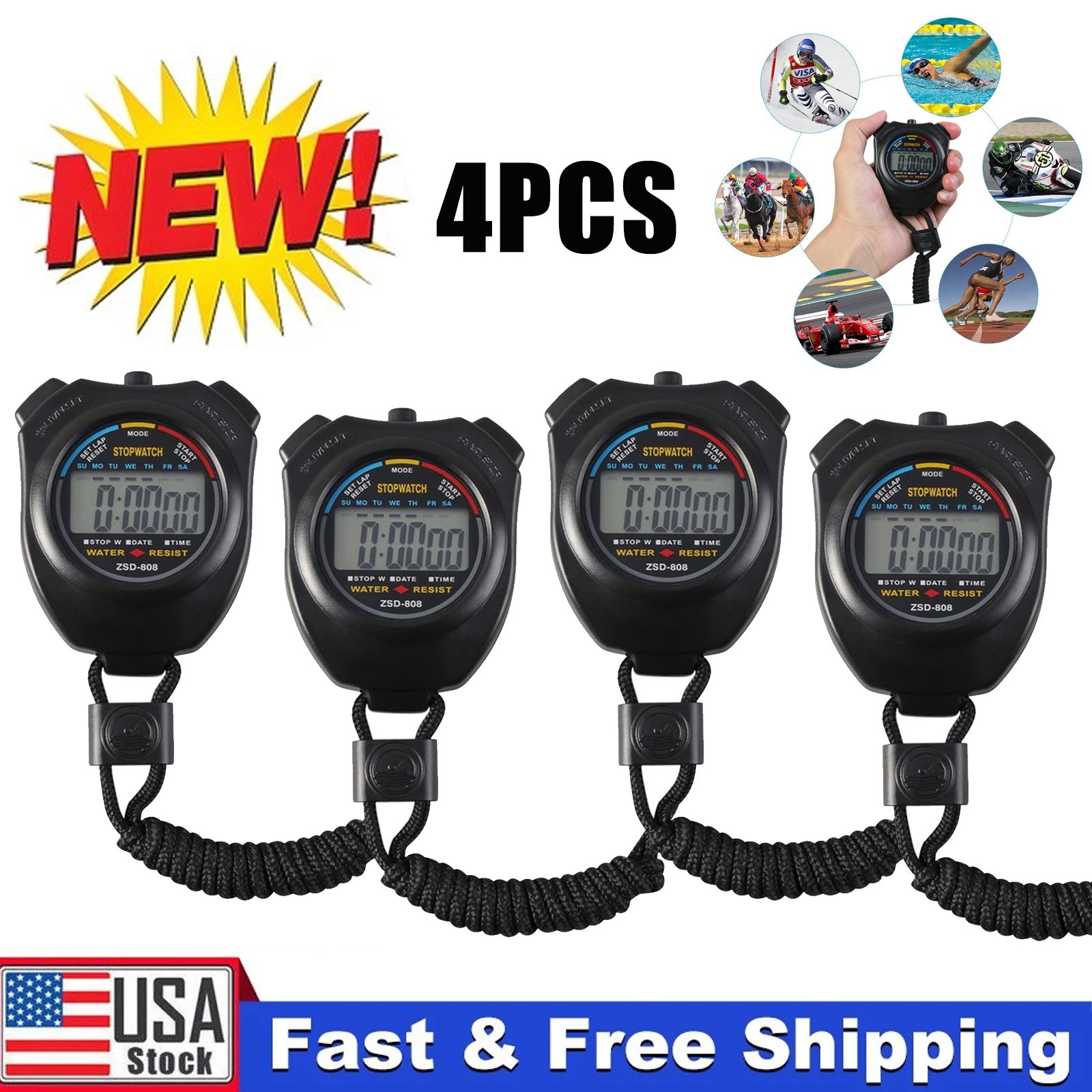 4PCS SET Digital Stopwatch Sports Counter Chronograph Date Timer Odometer Watch