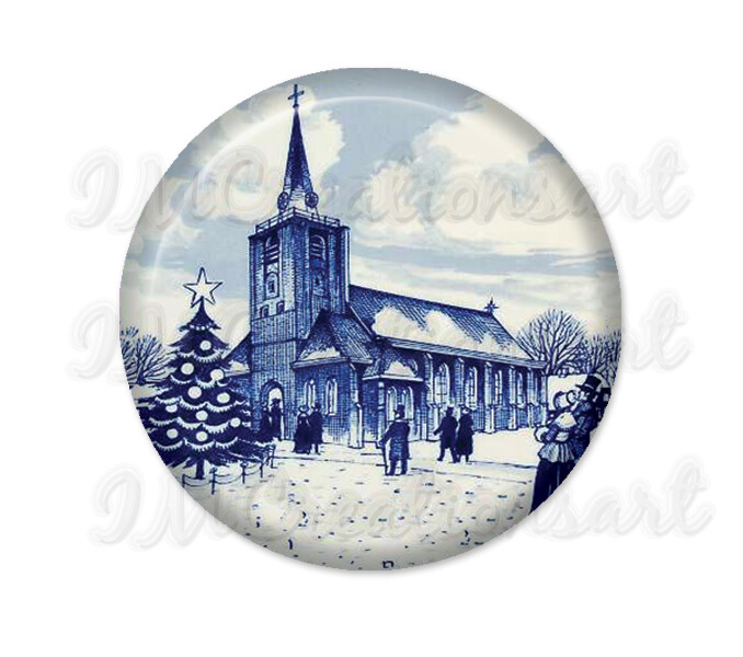 Lovely Dutch Delft Art Holiday Church Handheld Mirror, Magnet, or Pin 2.25"