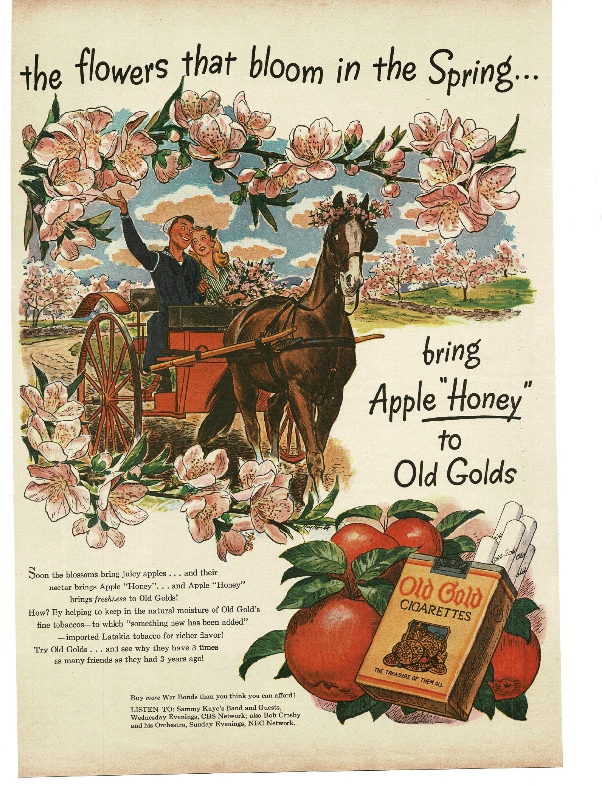 1944 Old Gold Cigarettes Apple Trees Blossoms Carriage Ride art Vintage Print Ad