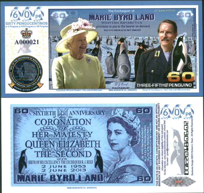 POLYMER 2013 MARIE BYRD LAND 3/5 PENGUINO QUEEN ELIZABETH II FANTASY ART NOTE!