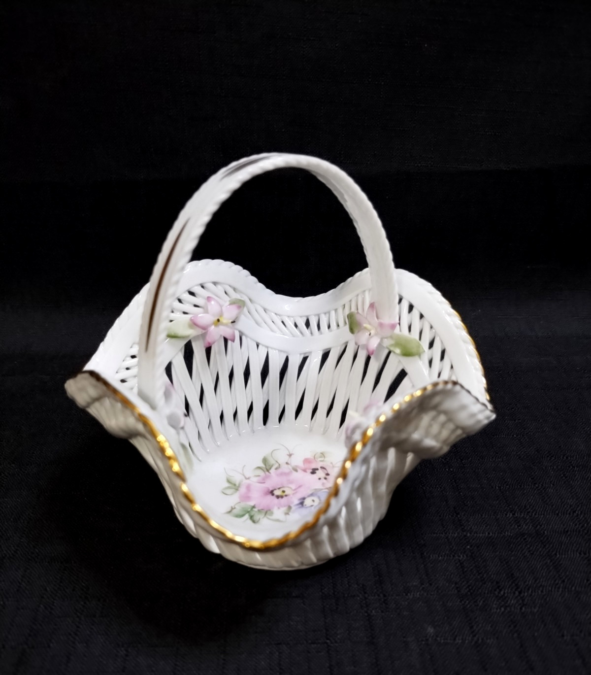 Vintage Transipor Porcelain Basket W 3D Porcelain Flowers, Hand Painted Flowers