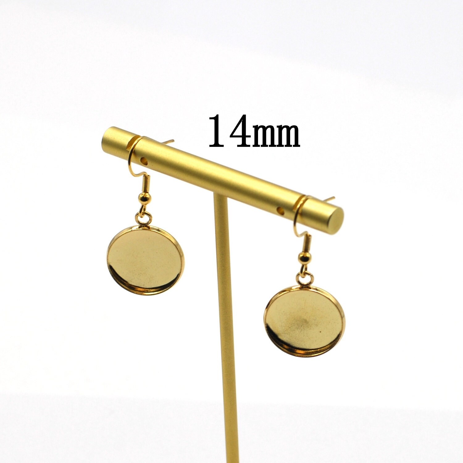 10PCS Stainless Steel Gold Tone Round Dangle Earrings Tray Fit 14mm Cab LSE32