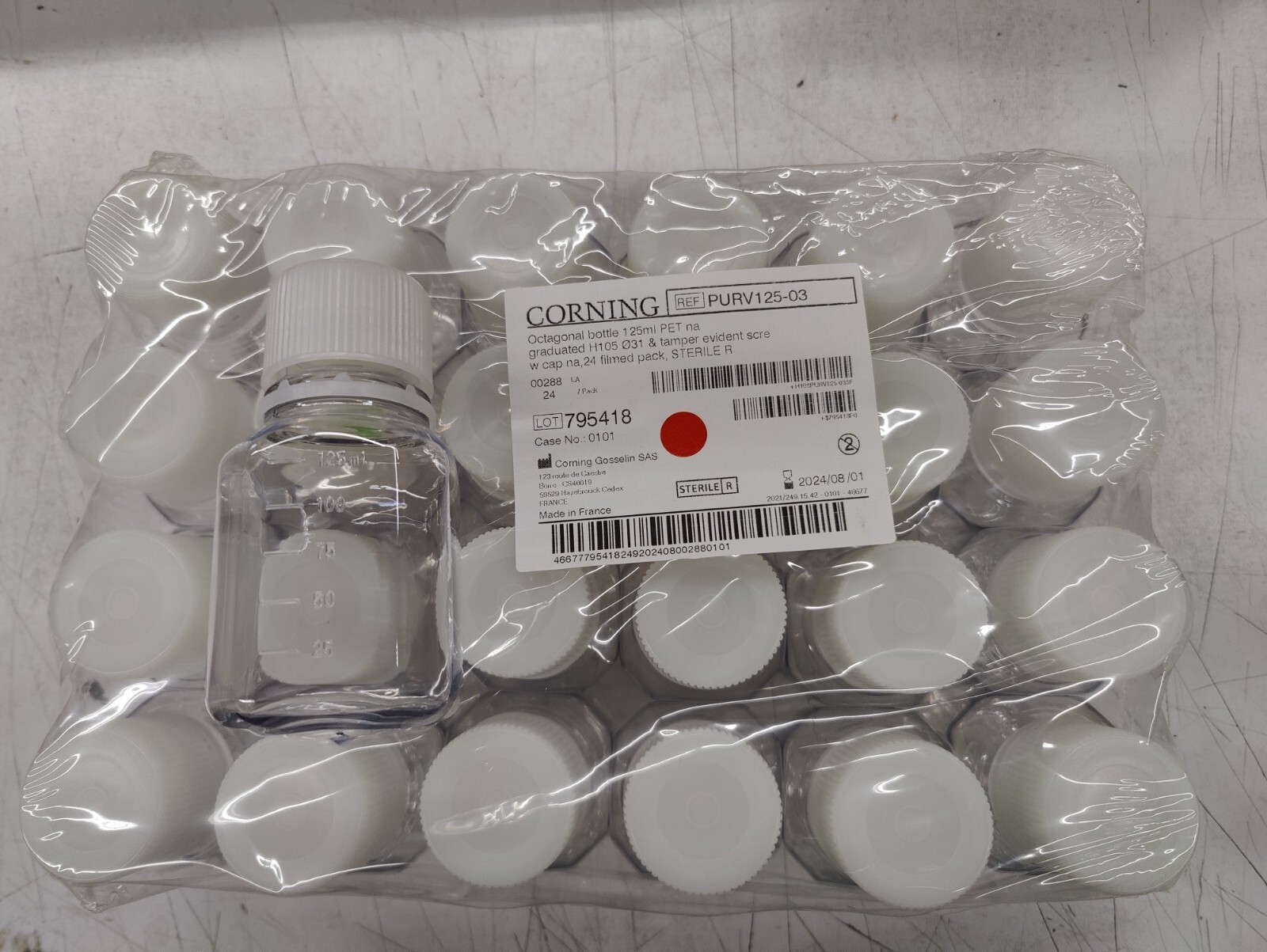 Corning 125 ML Octagonal PET Bottles with Tamper Proof Screw Caps, Sterile 24 CT