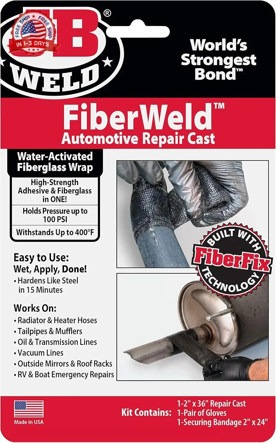 Heavy-Duty Fiberglass Repair Wrap 2 x 36 Black Automotive Emergency Repair Kit