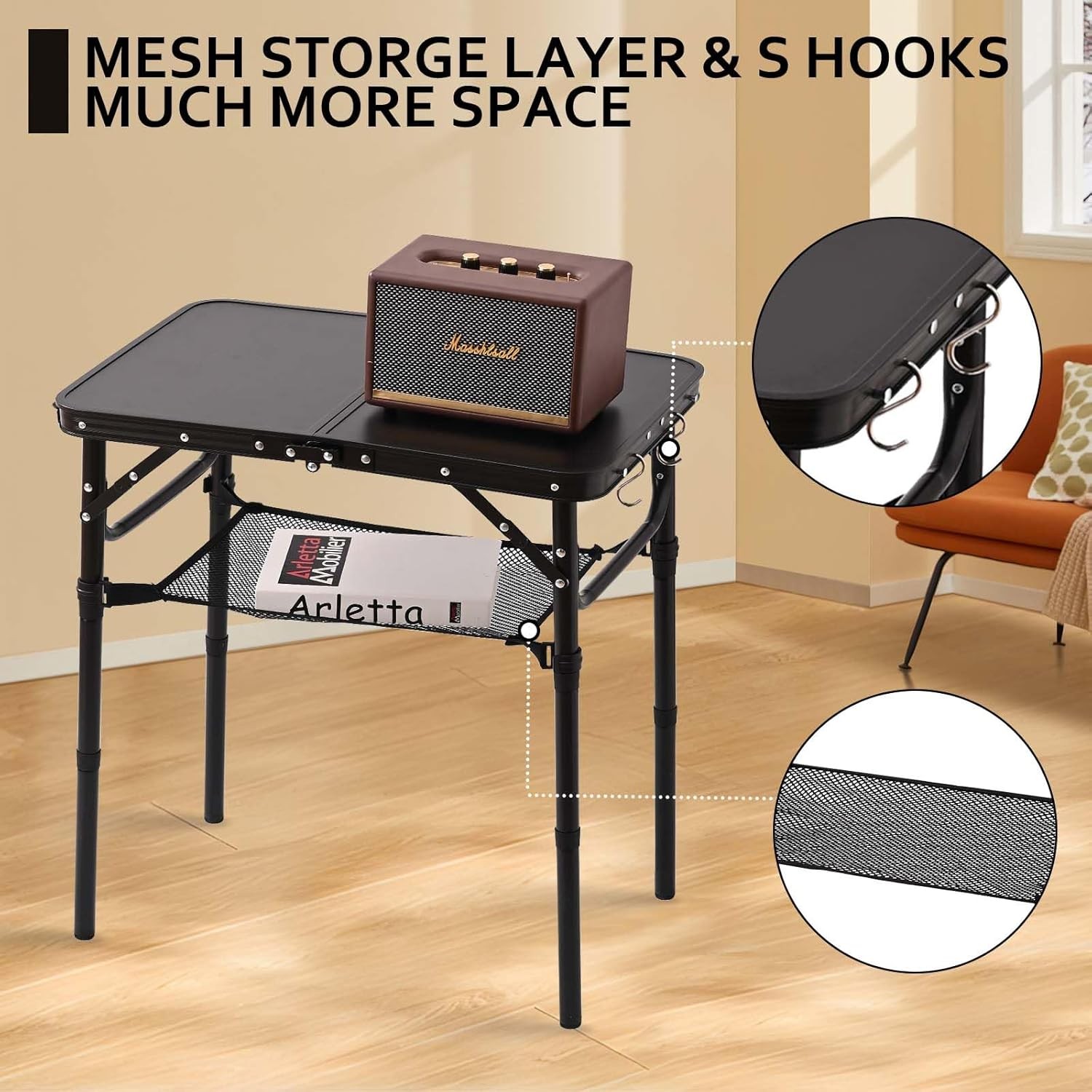 Folding Picnic Table with Storage Net, Matte Black 23.6x15.8x27,