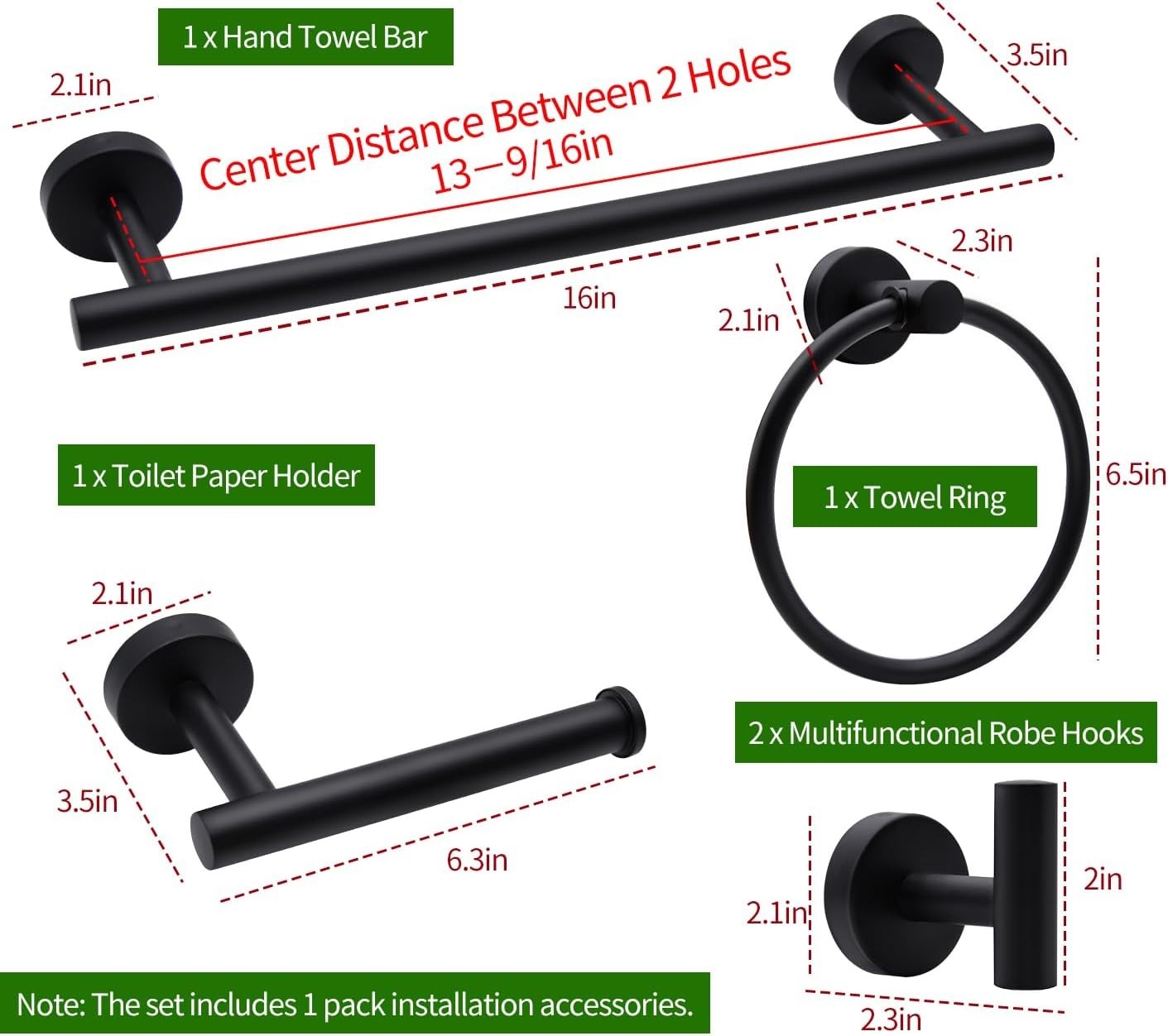 Bathroom Hardware Set, 5 Pc, 16" Black, Towel Bar Ring Holder, Robe Hooks