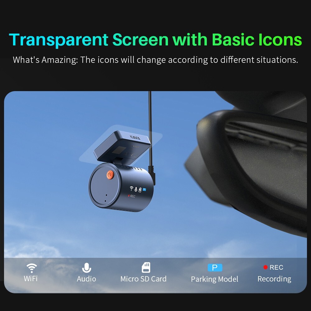 Tiny Dash Cam, 2K Transparent Screen Voice Control, Night Vision 24H Park Mode